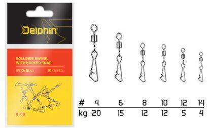 Delphin Karabinka s obratlíkem Rollings Swivel with Hooked Snap B-03 10ks - Velikost 8/12kg